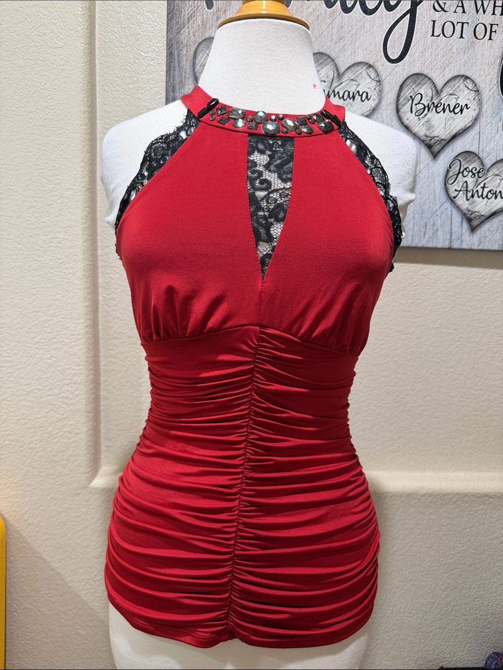 XOXO Red Ruched Halter Mini with Lace Insets
